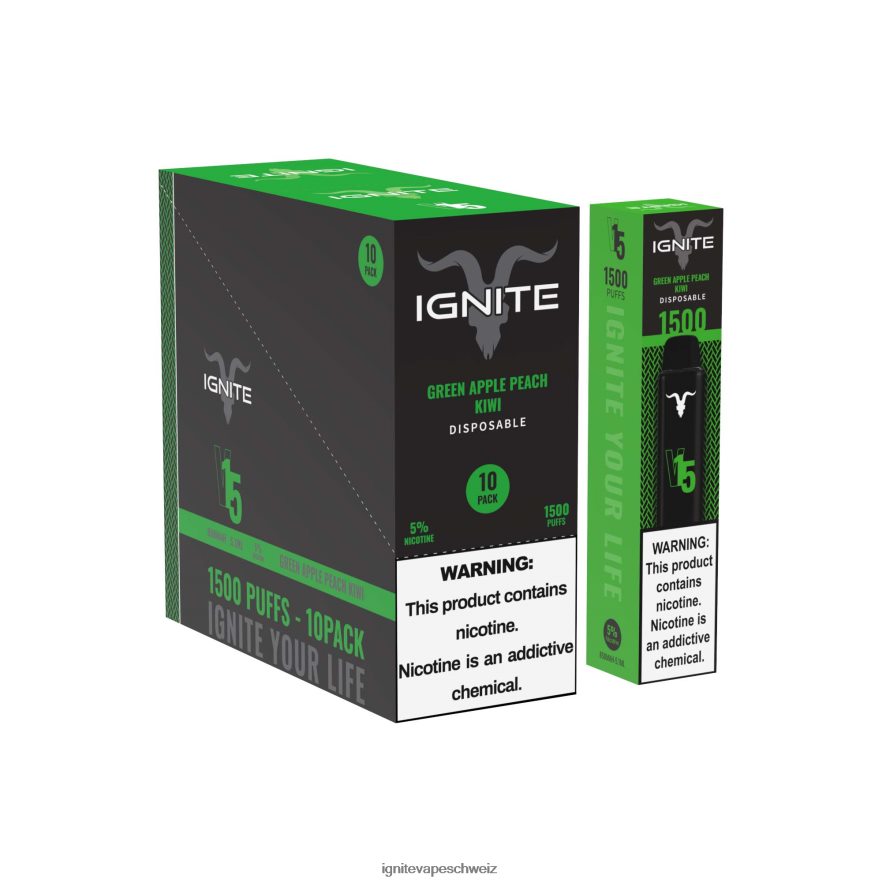 IGNITE Vape Schweiz - IGNITE V15 Vape Pen 10er-Pack grüner Apfel, Pfirsich, Kiwi 462HF4101